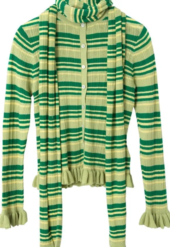 ANELIS COTTON MERINO BLEND CARDIGAN- GREEN STRIPE