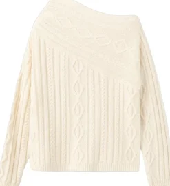 Asymmetrical wool blend cable knit sweater