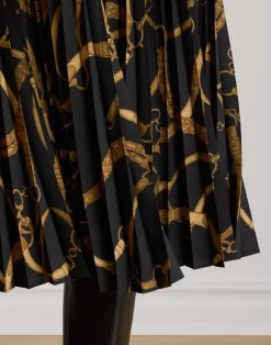 Belting-Print Pleated Crepe Skirt