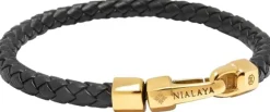 Braided Black Leather Bracelet in Gold