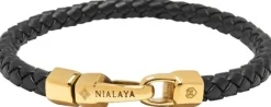 Braided Black Leather Bracelet in Gold
