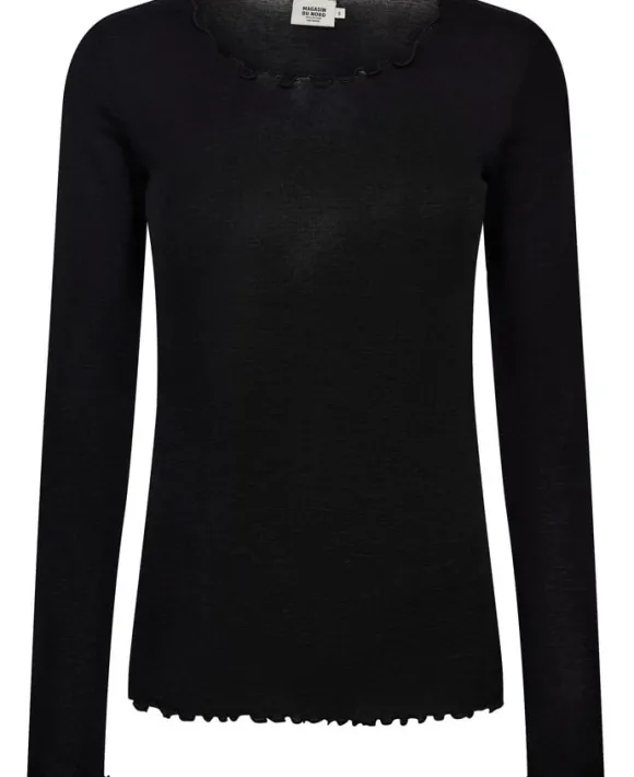 Cilla 14 Langærmede striktrøje med bølgende kant - 100% Merino uld