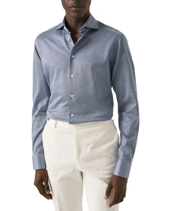 Contemporary Fit Mid Blue Solid Filo Di Scozia Pique Shirt