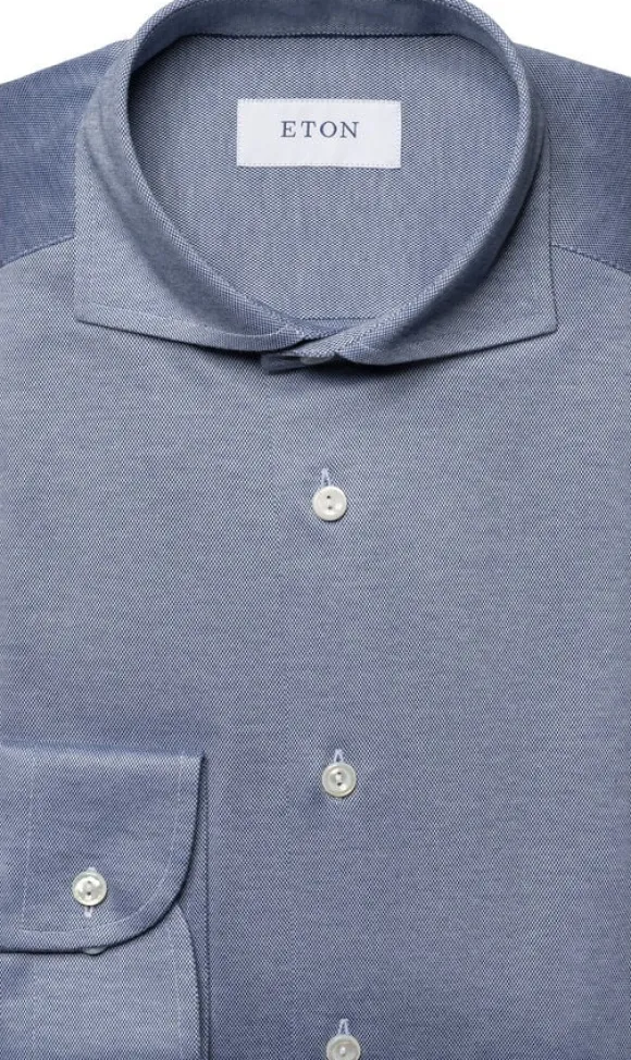 Contemporary Fit Mid Blue Solid Filo Di Scozia Pique Shirt