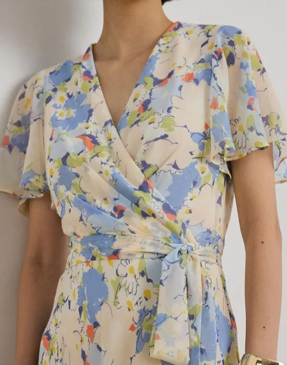 Floral Crinkle Georgette Surplice Dress