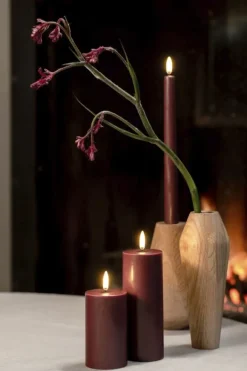 LED taper candle, Wine red, smooth, 2-pack, 2,3x25 cm