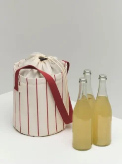 Outdoor Market Bottle Bag - Medium - Beige with red stripe