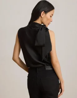 Tie-Neck Charmeuse Sleeveless Blouse